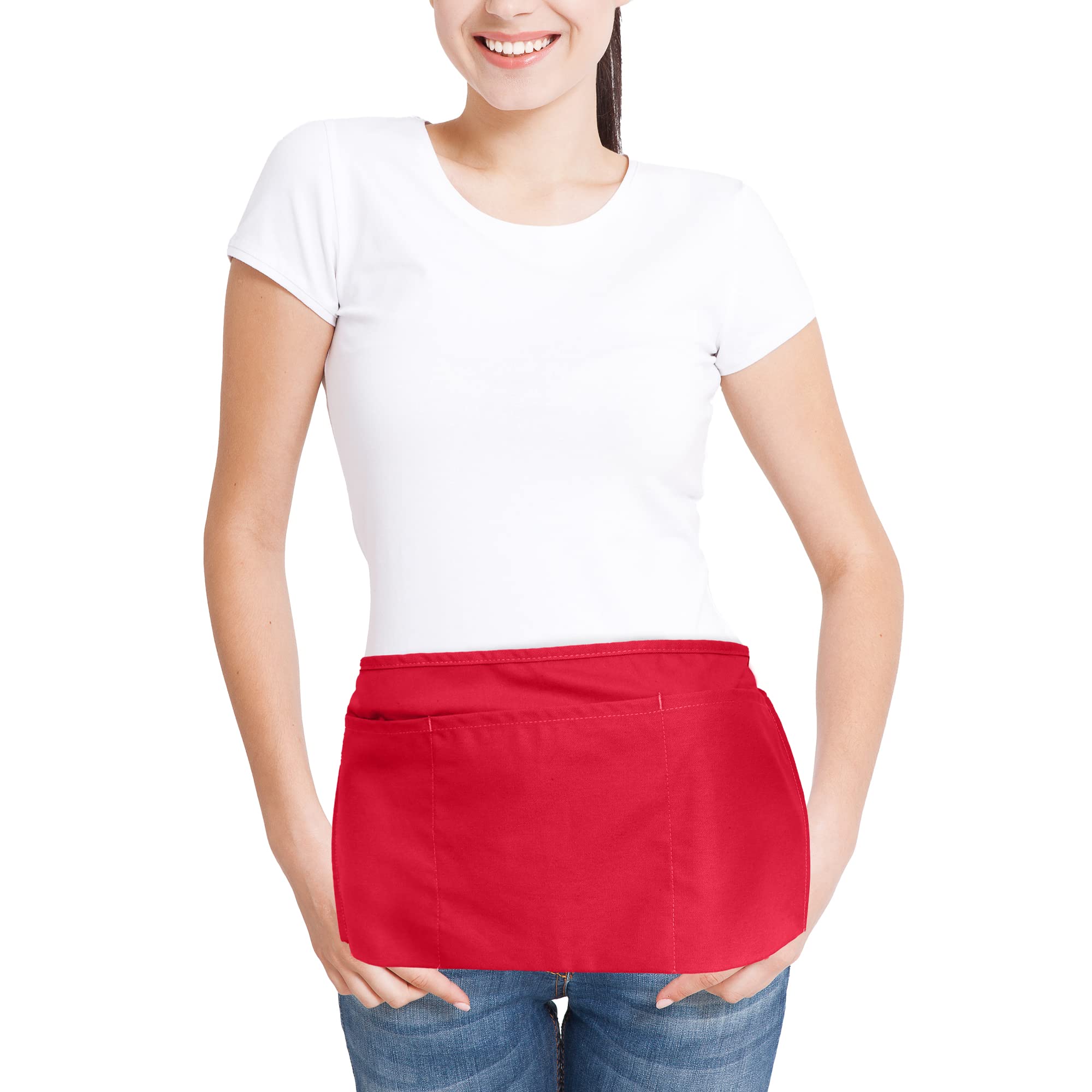 Dalix Waist Aprons Commercial Restaurant Home Bib Spun Poly Cotton Kitchen (3 Pockets) In Red 2 Pack